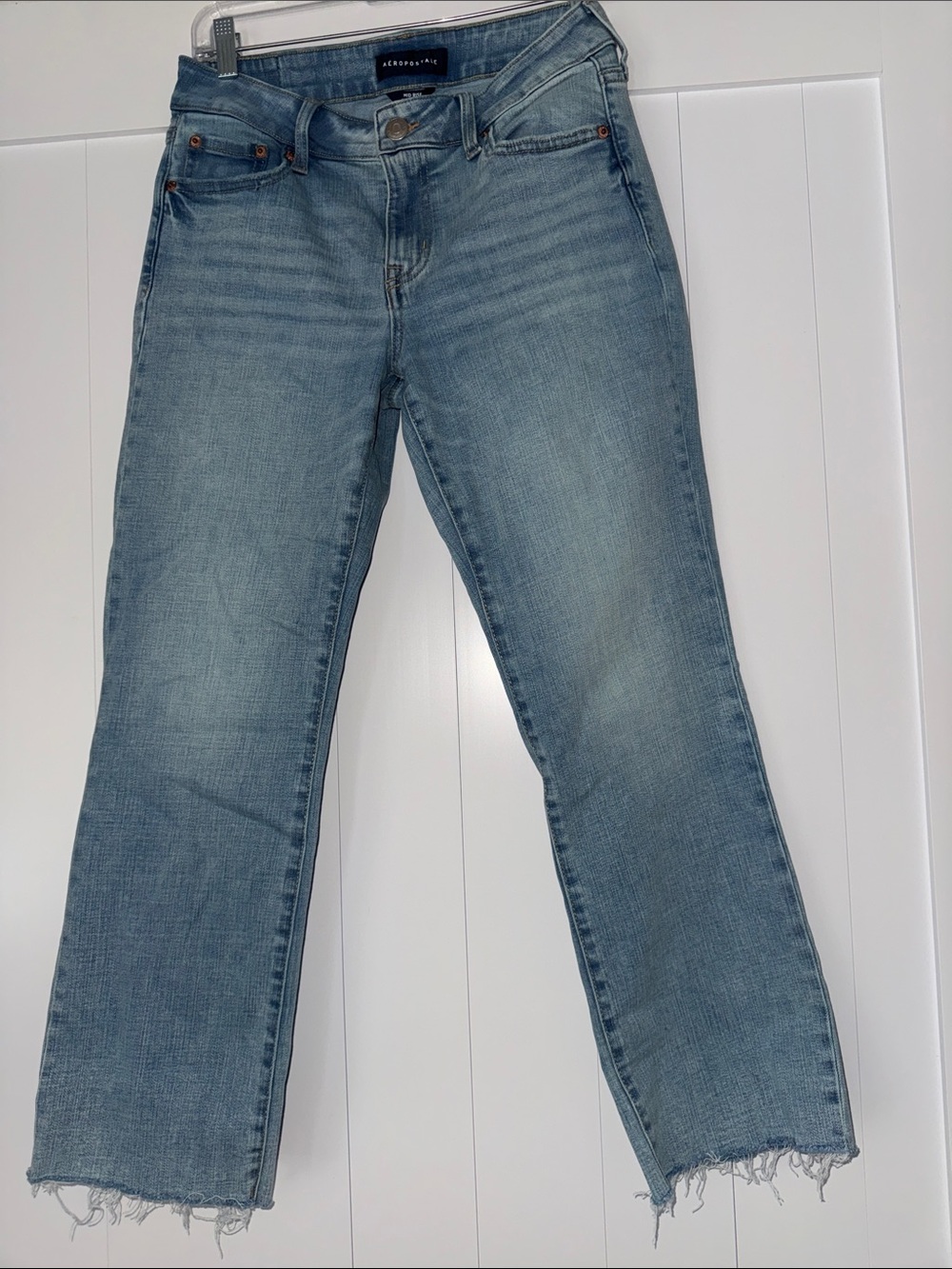 Aeropostale Faded Light Blue Mid Rise Kick Crop Jeans with Raw Hem